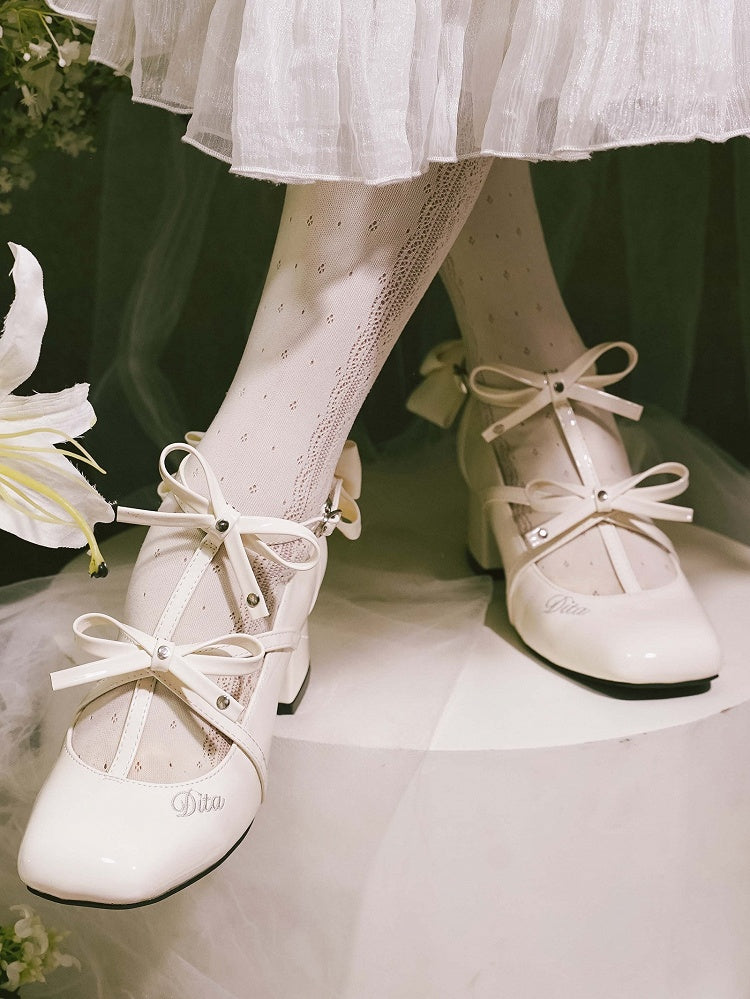 Lolita Toe Heels Polished Middle Accents Bow Design Elegant Square T-strap White with