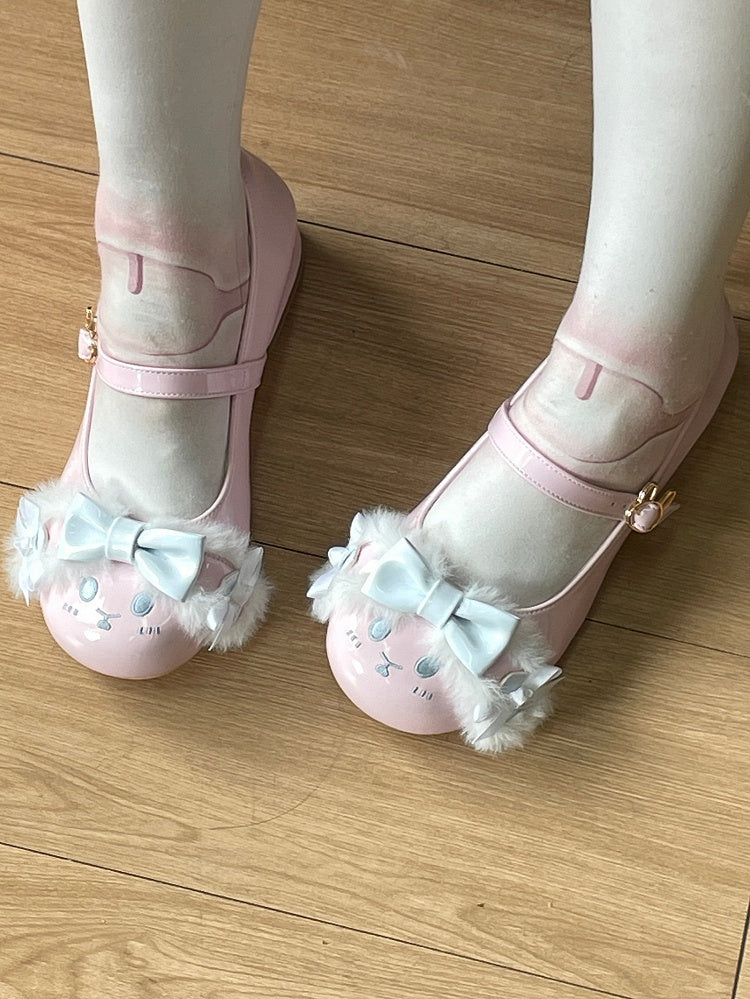 Lolita Schuhe Süße Bowknot PinkBlue Strap Toe Ohr Schnalle Runde Details Plüsch Hase Mit