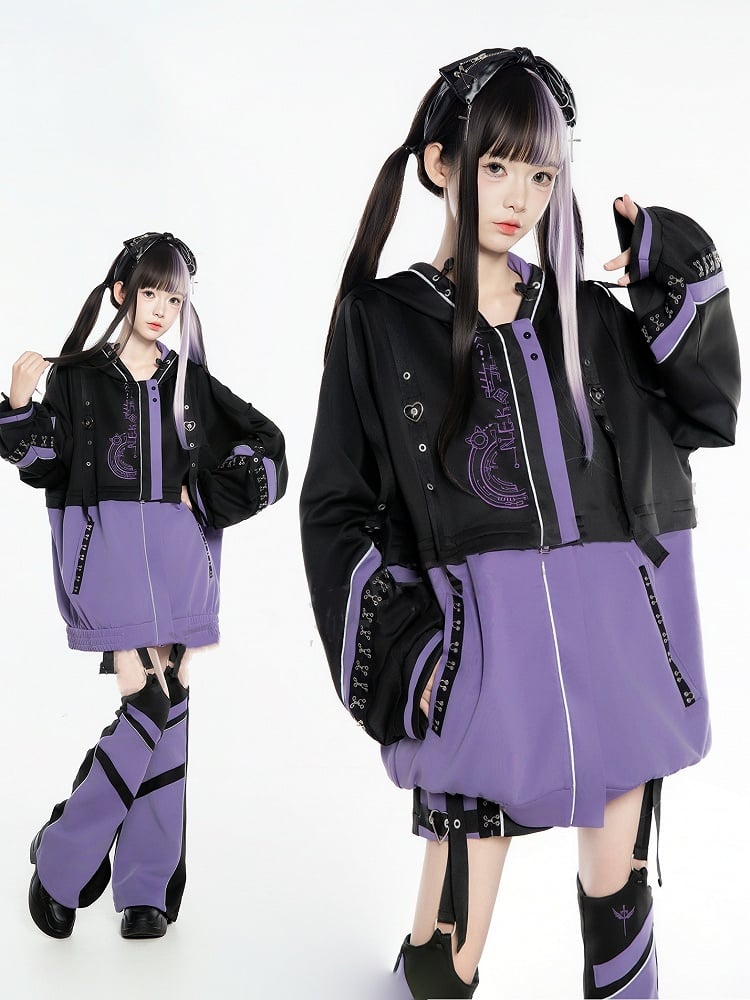 Cyberpunk Set: J-Style Coord Detachable Jacket Futuristic Purple Black and