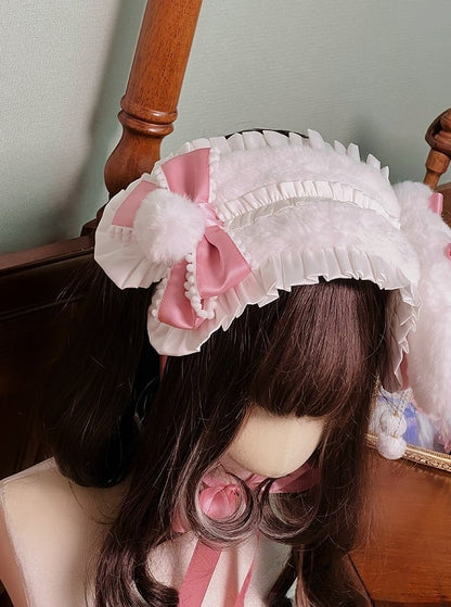 Bows and with Plush Bunny-themed Sweet Pink/Brown Lolita Hairband Accents Pom-pom