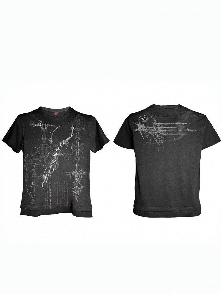 Punk Black Genderless Double-Neck T-Shirt with Cross Print - DETW OnLine