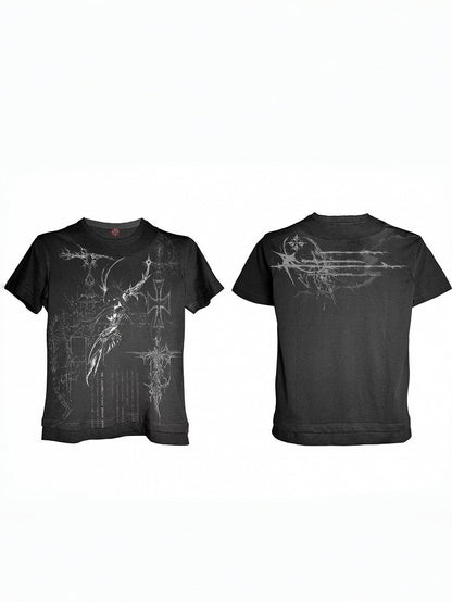 Punk Black Genderless Double-Neck T-Shirt with Cross Print - DETW OnLine