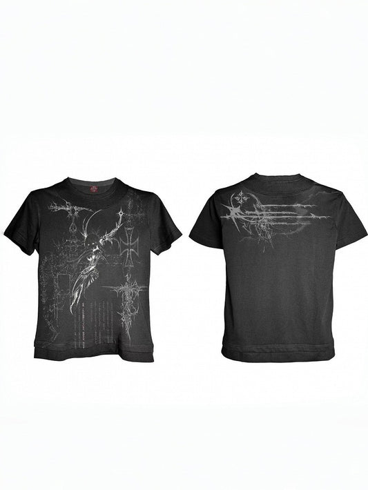 Punk Black Genderless Double-Neck T-Shirt with Cross Print - DETW OnLine