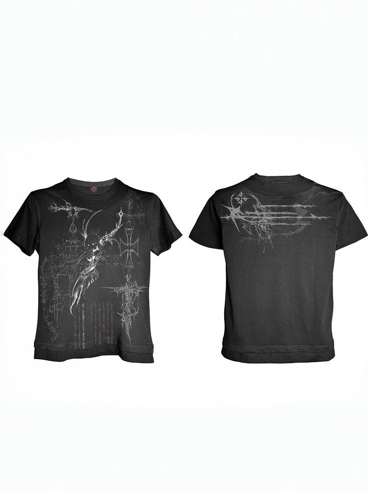 Edgy Genderless Black Double Collar Tee with Cross Graphic - DETW OnLine