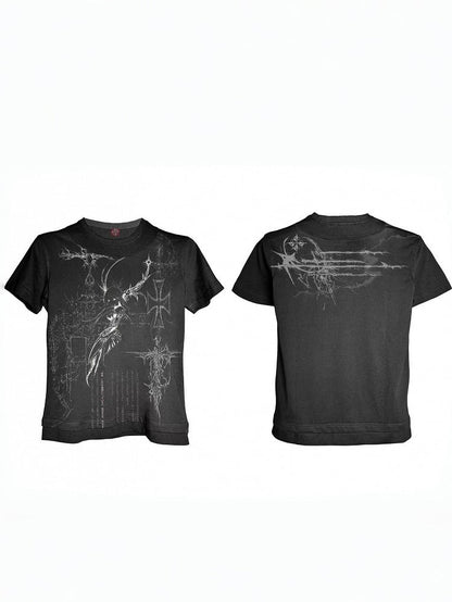 Edgy Genderless Black Double Collar Tee with Cross Graphic - DETW OnLine
