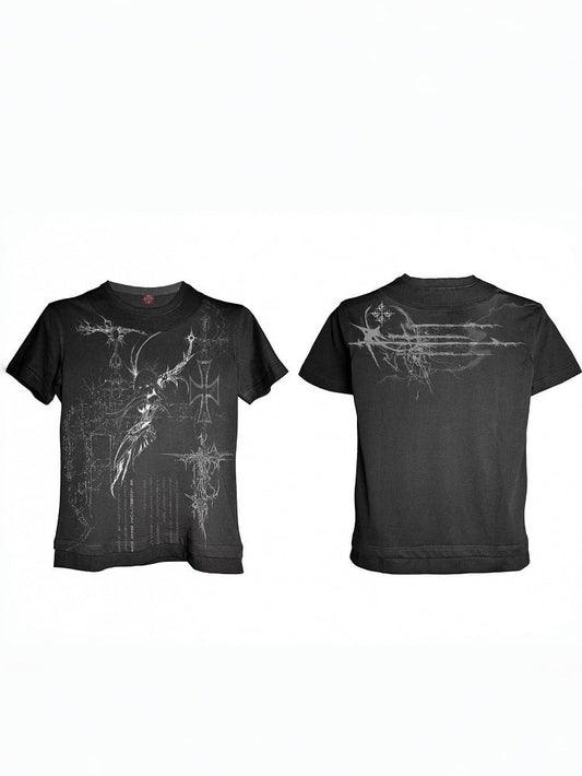 Edgy Genderless Black Double Collar Tee with Cross Graphic - DETW OnLine
