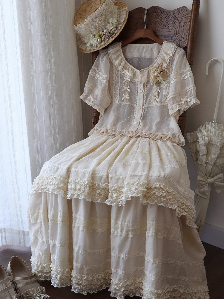 Beige Layered Polka-Dot Lace Skirt - Hana Studio