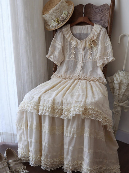 Beige Layered Polka-Dot Lace Skirt - Hana Studio