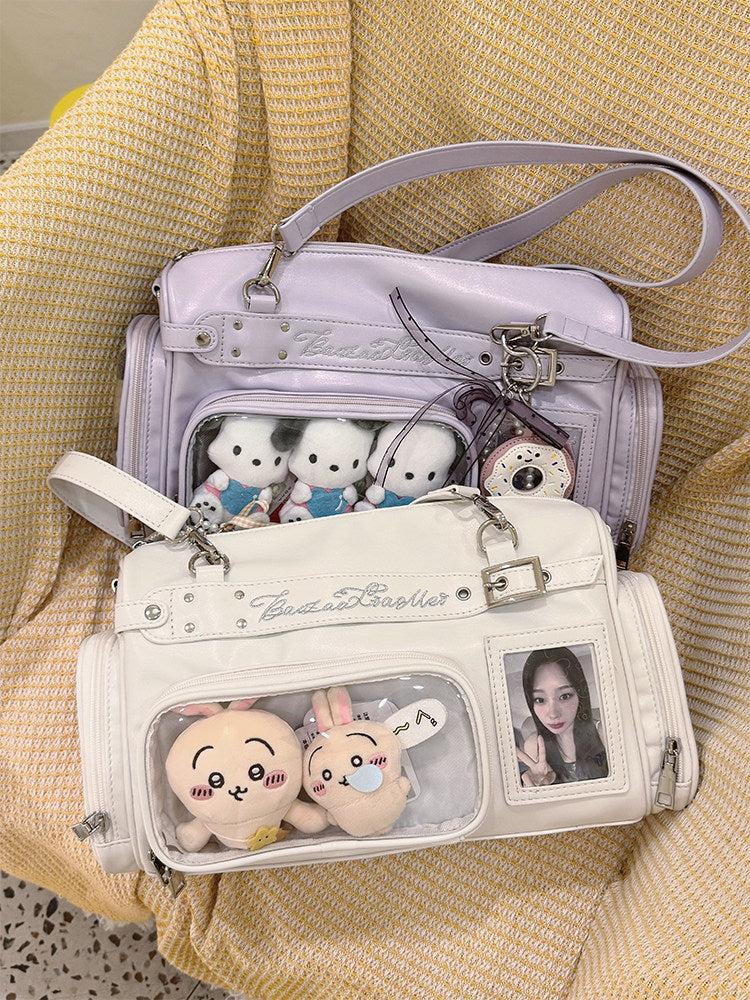Display Bag with Ita Window PU Embroidery Letter Purple