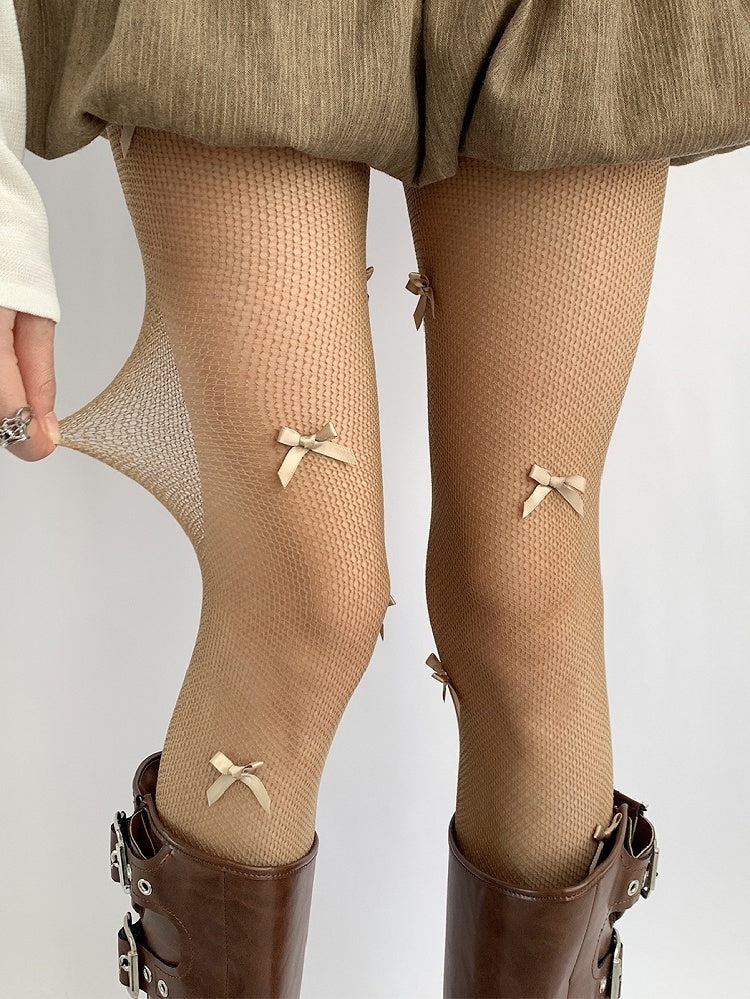 Gray/Brown/White Bowknot Details Tights