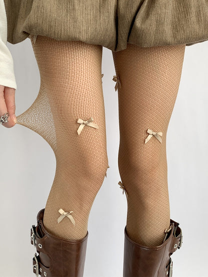 Gray/Brown/White Bowknot Details Tights