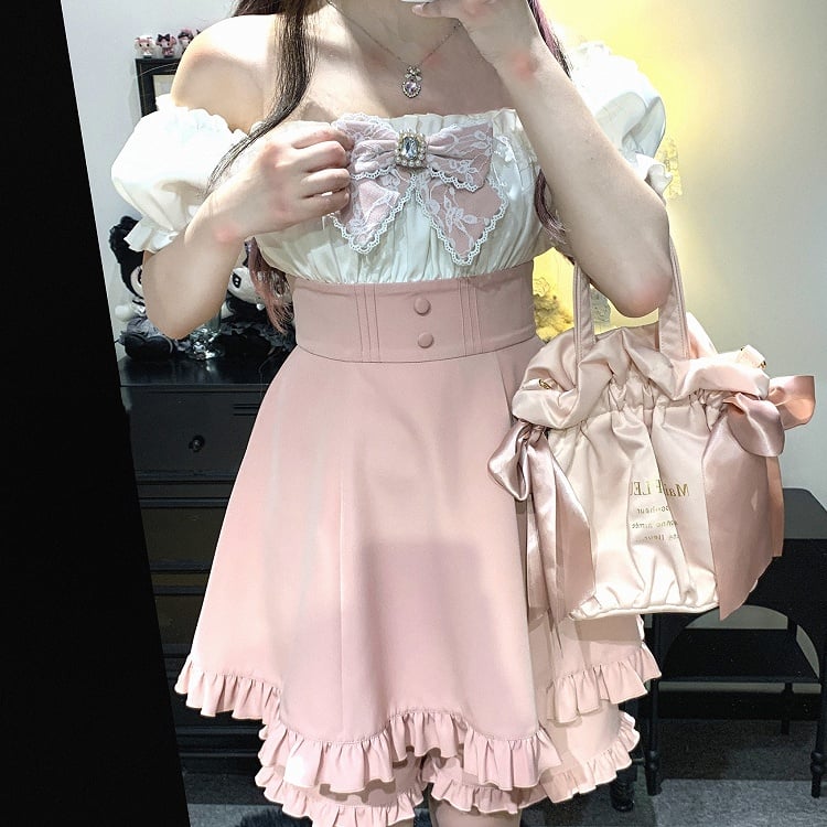 オフショルダーネックラインミニドレス＆ショーツセット ジライケイ ブラック/ピンク/ブルー