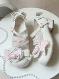 Lolita - Straps Heart Top Trim White Bow Ruffles Decor Candy Crisscross with Mary Sweet Pink Janes Shoe Clip