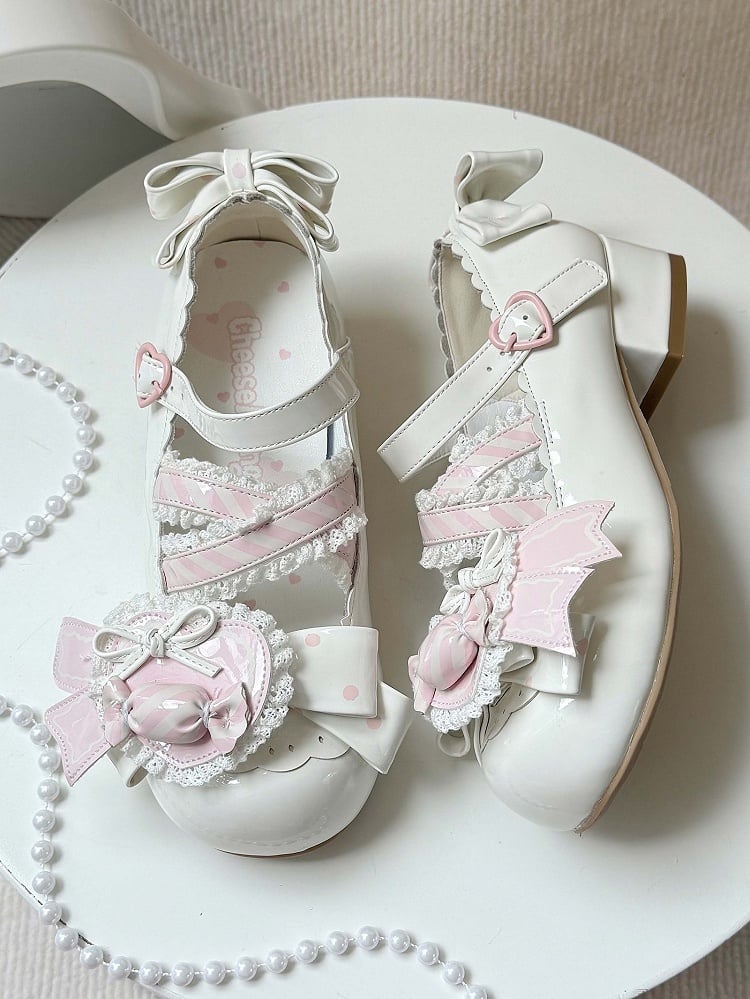 Lolita - Straps Heart Top Trim White Bow Ruffles Decor Candy Crisscross with Mary Sweet Pink Janes Shoe Clip