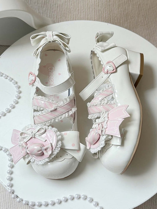 Lolita - Straps Heart Top Trim White Bow Ruffles Decor Candy Crisscross with Mary Sweet Pink Janes Shoe Clip