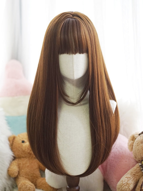 Schwarz/Weiß/Hellblond/Blond/Karamell/Grau Lange, glatte Perücke mit vollem Pony