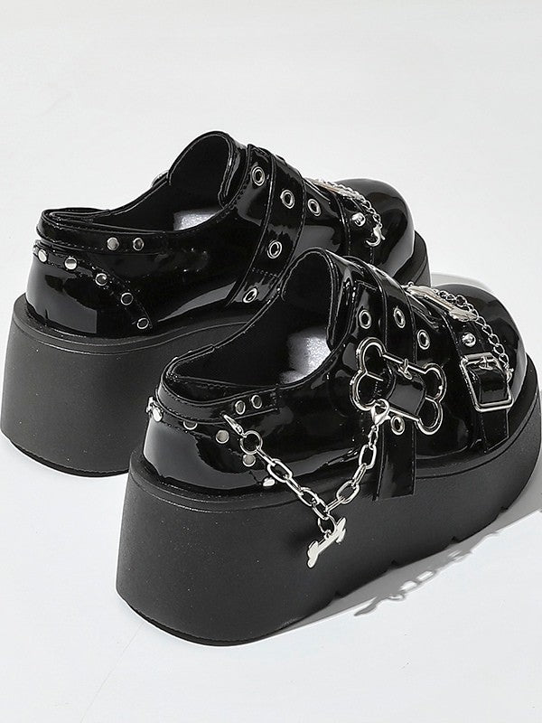 Black Chain Punk Platform Charm Shoes Polished Bone - Details