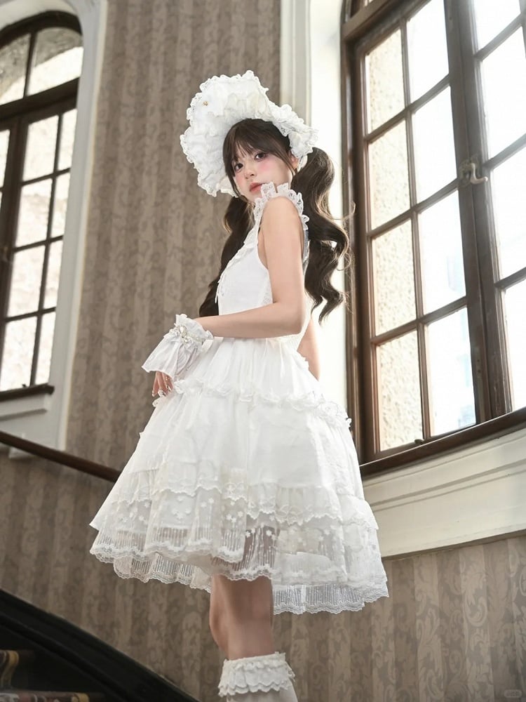 Lace Ruffled Trim Lolita JSK White Flutter Sleeves Butterfly Accent