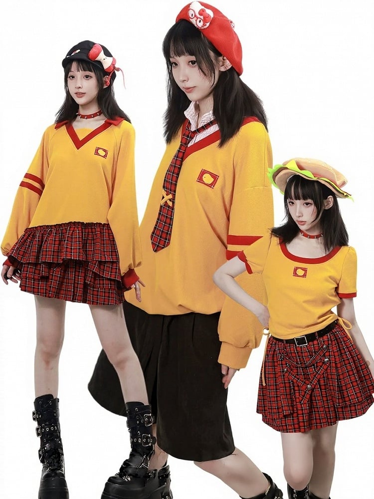 Waffle Knit Yellow and Red Long-Sleeved Top with Asymmetrical Plaid Hem - PINK SAVIOR