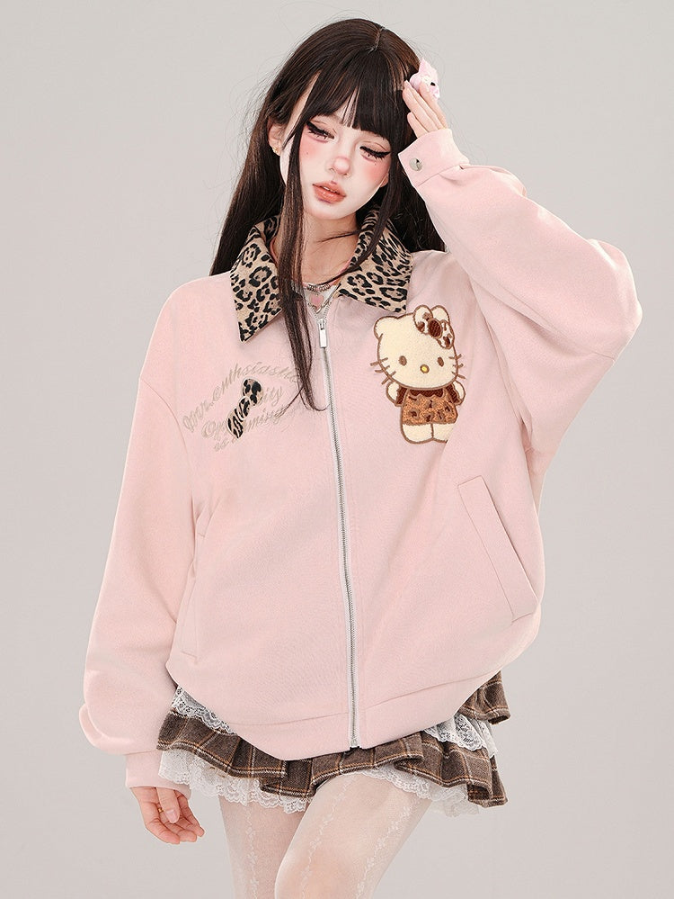 Pink Kitty Baseballjacke mit Leopardenkragen