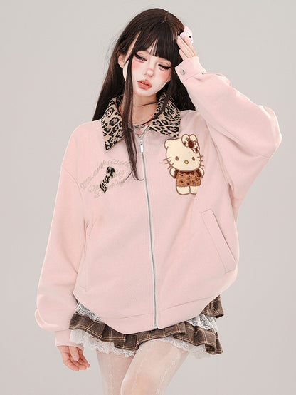 Pink Kitty Baseballjacke mit Leopardenkragen