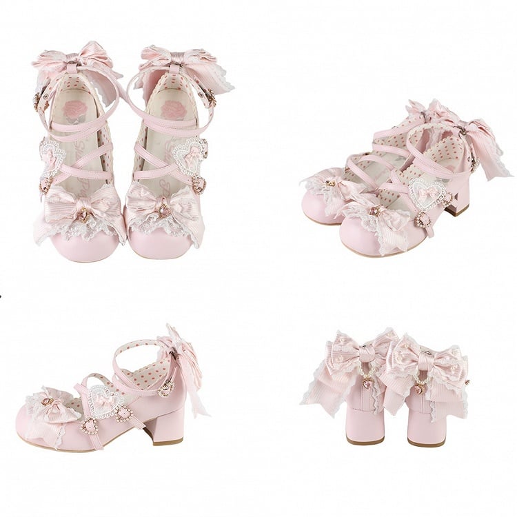 Shoes Details Heels Bowknot Straps Sweet Design Pink Buckle 2CM/5CM Heart Lolita Crisscross Block