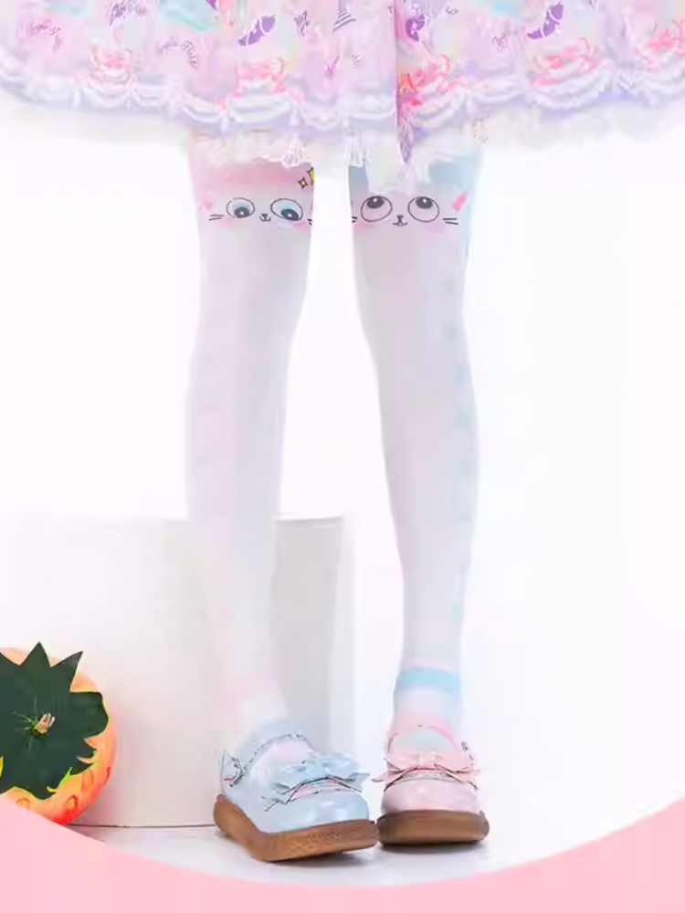 Blue and Pink Cat Paw Pattern Over Knee Stockings