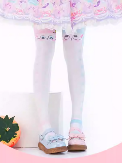 Blue and Pink Cat Paw Pattern Over Knee Stockings