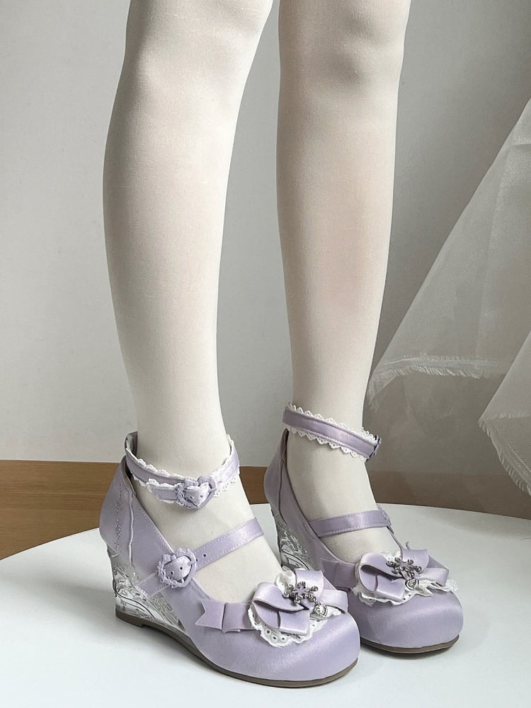 Purple Snow Theme Embossed Slope Heel Shoes with Bow Details - Vintage Sweetheart