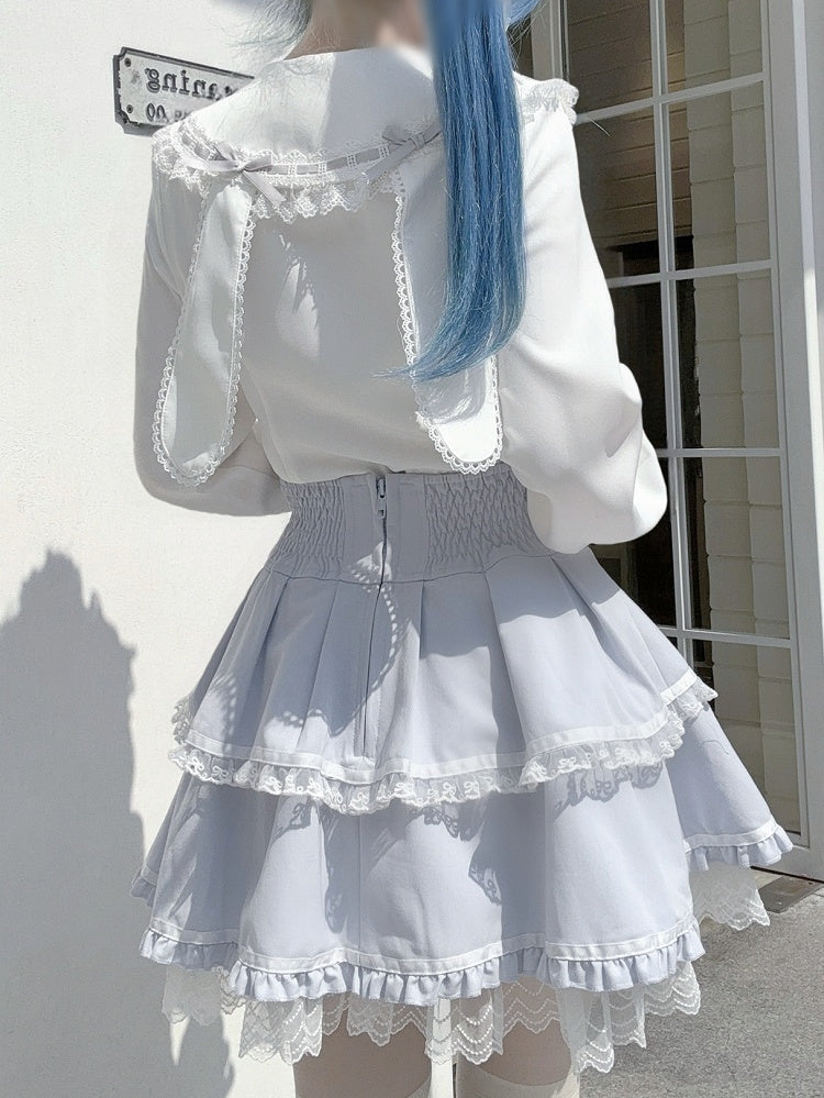 Trim Blouse Bow with Sleeve White Bunny-Ear Back Jirai Blue Kei Detail Lace Collar Long Light