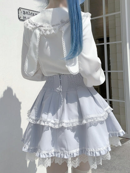 Trim Blouse Bow with Sleeve White Bunny-Ear Back Jirai Blue Kei Detail Lace Collar Long Light