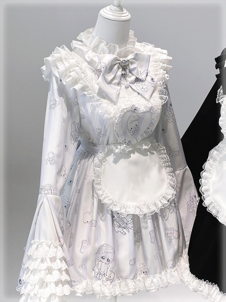 Jirai Kei Light Blue Printed Maid Ensemble - Tiered Bell Sleeve Dress with Detachable Apron & Matching Shorts
