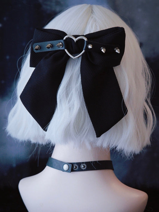 Gothic Clip Decorated Heart Black Bowknot With Buckle Studs