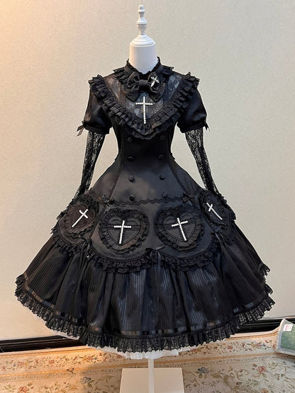 Decoration Ruffle Cross Beaded Lolita Hem Detail with Dress Lace Black and Gothic