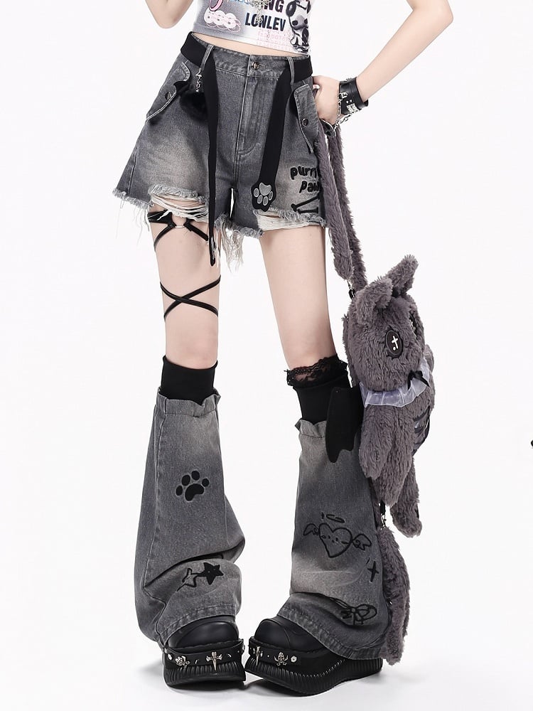 Gray Ripped Denim Shorts with Cat Belt Set - CRAZY GIRL