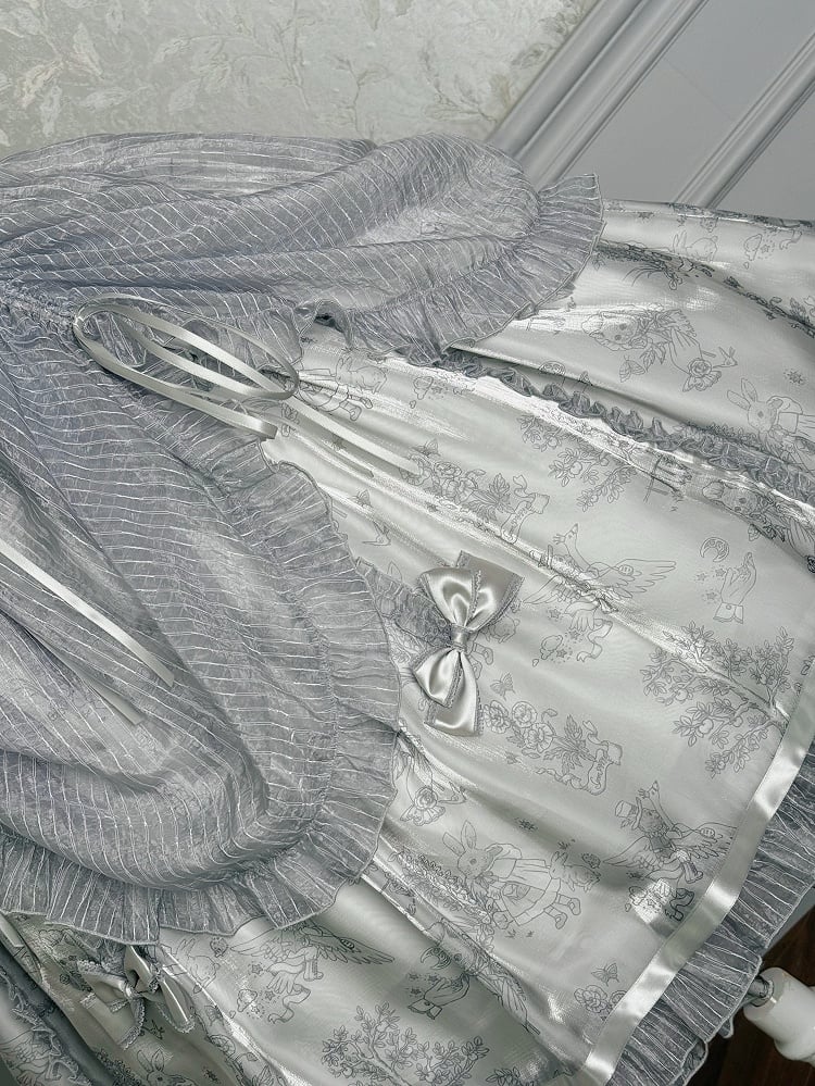 Lolita-Pullover mit Kordelzug, graue Taille, silberner Korsettrock-Overlay