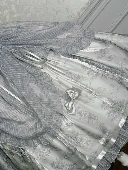 Lolita-Pullover mit Kordelzug, graue Taille, silberner Korsettrock-Overlay