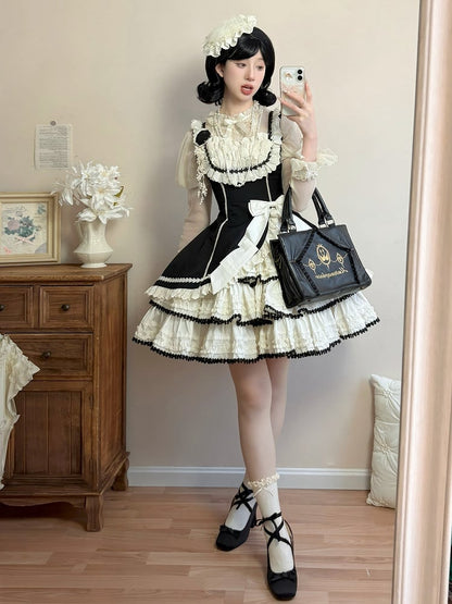 Jumper Beige Lolita Black Fit and Skirt Elegant Tiered Slim Waist