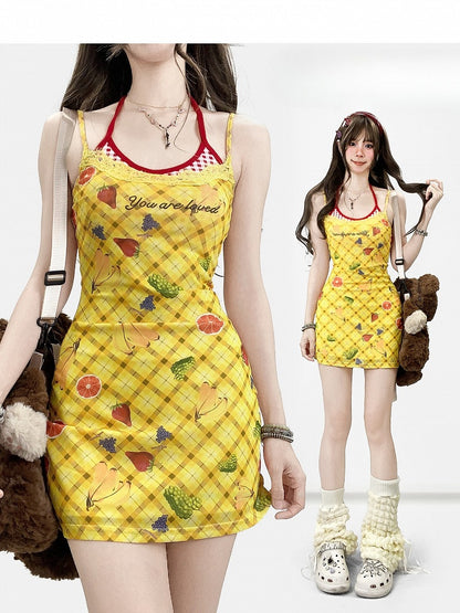 Y2K Muster Plaid Brief Hals + Gelb Obst Neckholder Cami Print Bittersüße Kleid Top Und Rot