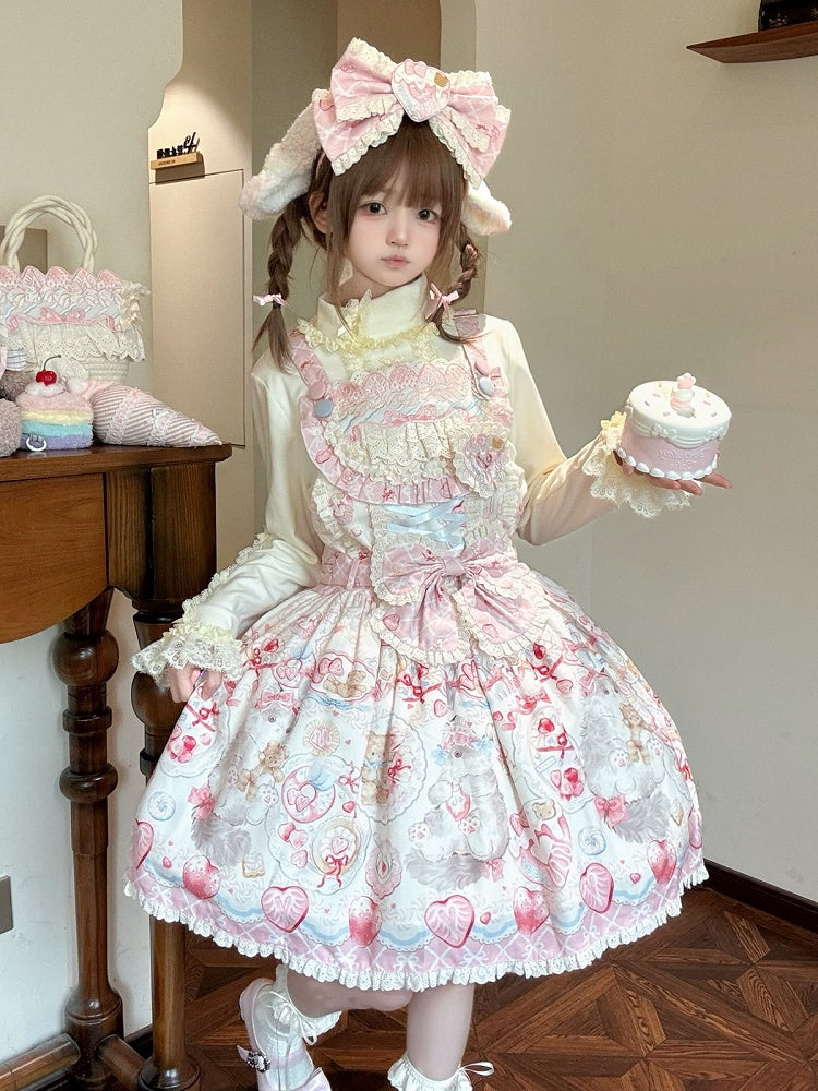 Strawberry and Cat Theme Sweet Pink Bow Lolita Overall Dress with Detachable Heart Brooch - wawao good night bear