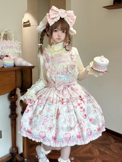 Strawberry and Cat Theme Sweet Pink Bow Lolita Overall Dress with Detachable Heart Brooch - wawao good night bear