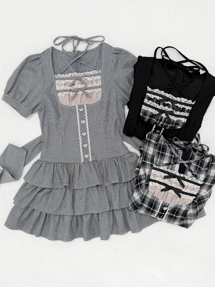 Jirai-Kei Black & White Plaid Square Neck Halter Dress with 3-Tier Ruffle Skirt - nekura