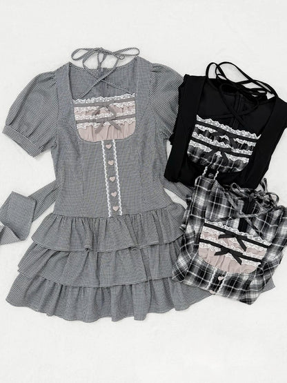 Jirai-Kei Black & White Plaid Square Neck Halter Dress with 3-Tier Ruffle Skirt - nekura