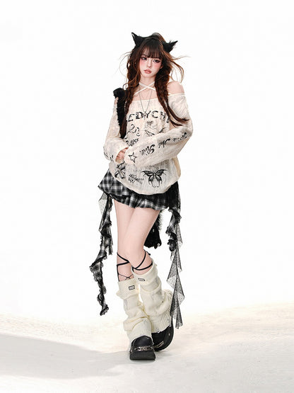 Asymmetrischer Ausschnitt, Schmetterlingsdruck, Distressed-Löcher, Aprikose/Grau, Neckholder-Top