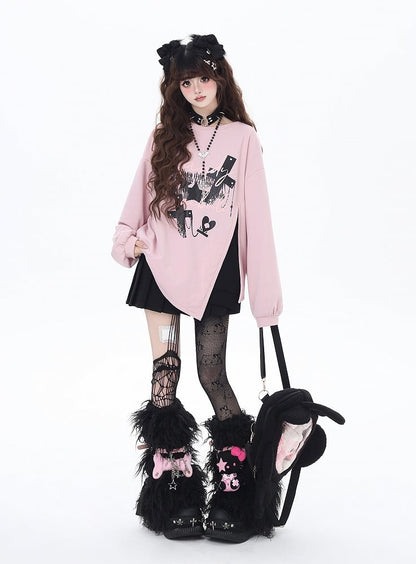 Rosa/schwarzes Sweatshirt mit seitlichem Kreuzschlitz und großer Schleife auf der Rückseite