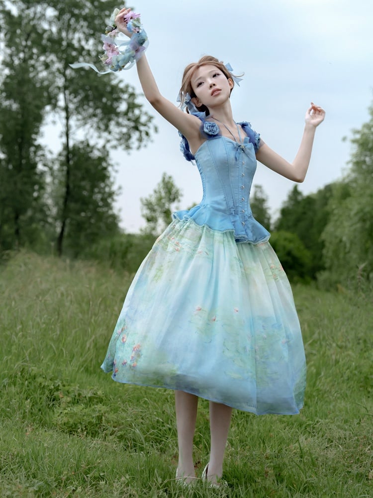 Boned Corset Top with Detachable Floral Adornments Hem Flounce Blue Sky