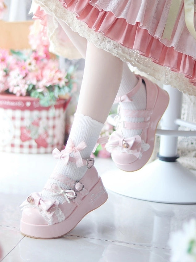 Details Buckles Pink Sweet Platforms - Lolita Heart Bow with Edging Lace