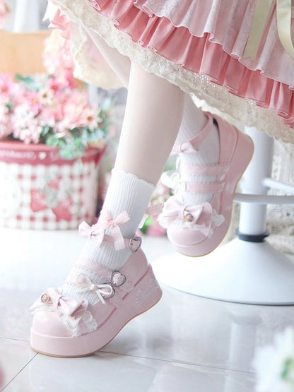 Details Buckles Pink Sweet Platforms - Lolita Heart Bow with Edging Lace
