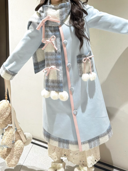 Winter Bow Sweet Blue Accents Pom-Pom Coat Set Scarf with + Lolita Plaid and