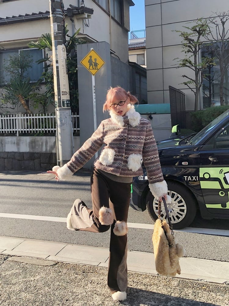 Brown Pants Knee with Flare Accents Patchwork Plaid Vintage-Inspired Fuzzy